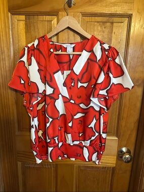 Nine West Red and White Floral Wrap Blouse